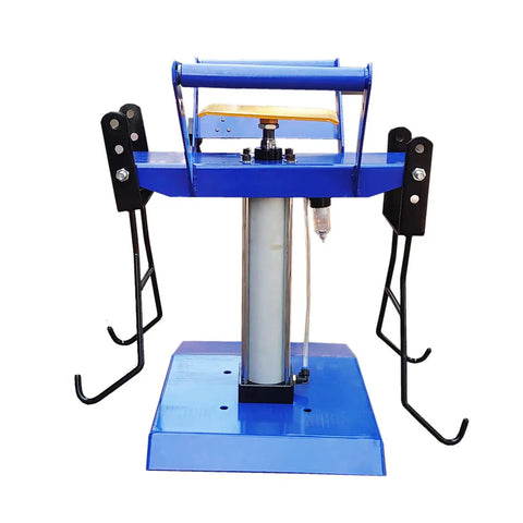 Solid Build Pneumatic Tire Changer And Tire Spreader For Compact Cars And Motorcycles Heavy Steel Construction front view with hooks.