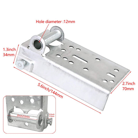 Two Pack Garage Door Bottom Lifting Brackets With 7/16 Inch Stem For Residential Use, Built Tough 13 Gauge Galvanized Steel Bottom Roller Brackets, Left And Right Set, Fasteners Not Included, shown with dimensions highlighted in red.