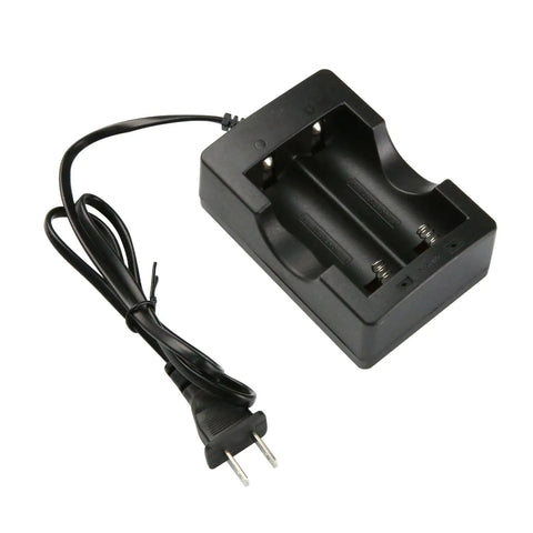 Two Slot 18650 Battery Charger For Li Ion Rechargeables 4.2V With Smart IC Auto Stop When Full US Plug Charger No Fuss Universal 18650 26650 Compatible Battery Charger, black plastic dual-slot charger with US plug