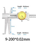Internal Groove Vernier Caliper, Double Internal Groove Caliper with yellow dial measuring length and thickness dimensions.