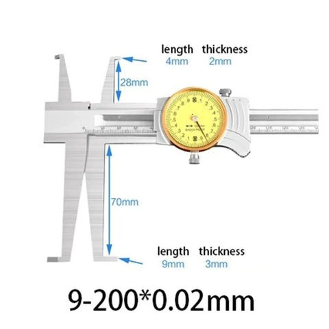 Internal Groove Vernier Caliper, Double Internal Groove Caliper with yellow dial measuring length and thickness dimensions.