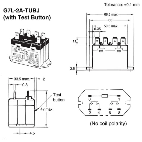 Technical diagram of General Purpose DPST NO Relay with Test Button and Quick Connect Terminals for easy wiring, flame resistant, AC200-240V coil.