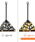 Tiffany Style 8 Inch Amber Cream Stained Glass Pendant Light for Kitchen Island and Dining Room and Hallway, both light off and on.