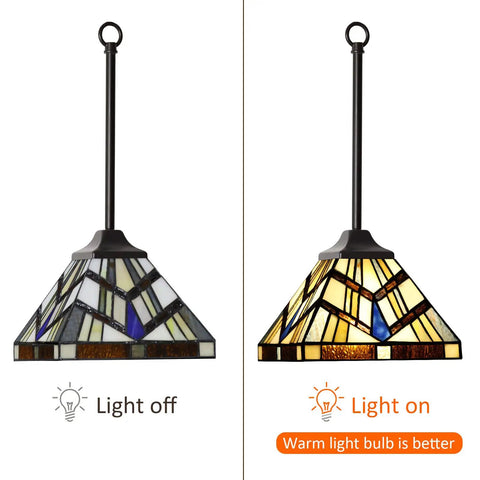 Tiffany Style 8 Inch Amber Cream Stained Glass Pendant Light for Kitchen Island and Dining Room and Hallway, both light off and on.