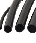 Close-up of 1/4-Inch Drip Irrigation Tubing, 50 Feet Black Polyethylene, showing cross-section of tubes in various sizes.