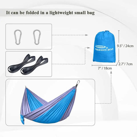 Image of blue 400 Lb Capacity Portable Camping Hammock with Quick Setup under 3 Minutes, bag, carabiners, and ropes.