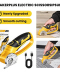 Slick Cordless Electric Scissors With Integrated Safety Shield And Quick Rechargeable 4V Battery, yellow and black, used for cutting carpet.