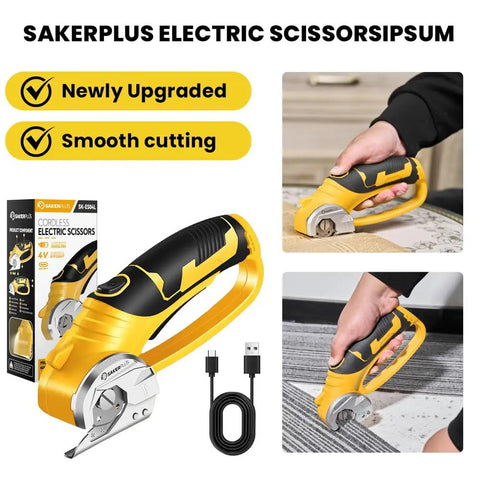 Slick Cordless Electric Scissors With Integrated Safety Shield And Quick Rechargeable 4V Battery, yellow and black, used for cutting carpet.