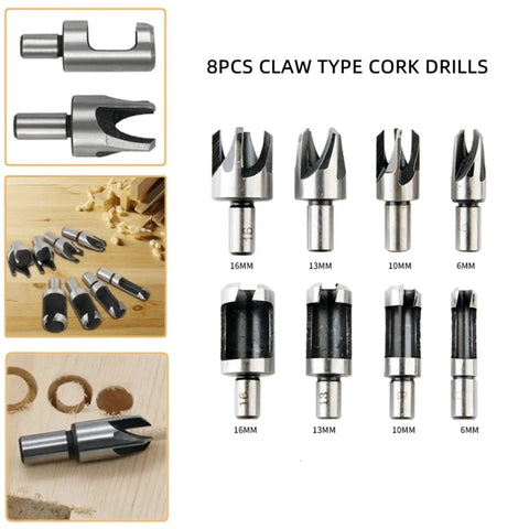 Legit Top Tier Wood Plug Cutter Drill Bit Set Eight Piece Collection including claw type cork drills in various sizes.