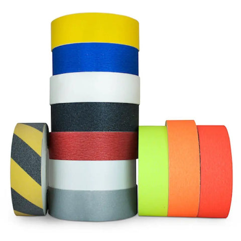 Various colored rolls of non-slip tape, including black non slip tape 3 inch wide by 60 feet long anti slip traction tape with 60 grit.