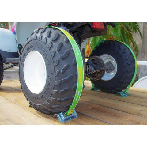 Fastrap Tie Down Kit For Trailers Secure ATVs ZTRs And 4 Wheelers With Easy One Strap Per Tire Fits 8 To 27 Inch Wheels