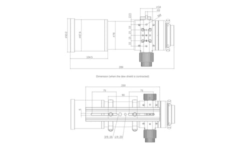Technical diagram of Flat Field 60mm Refractor Telescope With F6.8 ED Quadruplet APO Air Spaced Optics, showing dimensions and details.