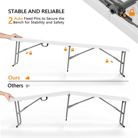 Comparison of 6 ft folding picnic bench with HDPE tabletop, showing stability features and durable gray frame design