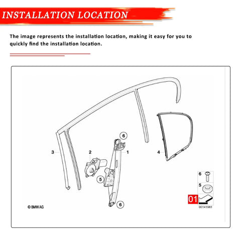 Diagram showing installation location for Power Window Regulator With Motor For BMW 3 Series E90 E91 2006-2012 Rear Left Driver Side