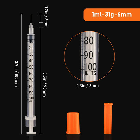 1ml Disposable Syringe With 31G 6mm Needle Clear Graduated Barrel For Precise Dosing Individually Sealed Pack Of 100 Smooth Plunger Easy To Carry Medical Syringe Kit shown with cap and needle tip