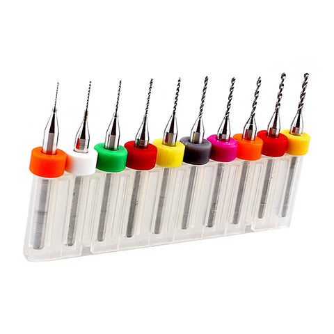 PCB Drill Bit Set Tungsten Carbide Micro Twist Bits For Circuit Boards Pro Precision Thumb Drill Bits 10 Piece Mini Drill Kit displayed in case