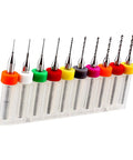 10 Piece Micro Drill Bit Set Tungsten Carbide Precision Bits for PCB Engraving, 0.3mm to 1.2mm Range, displayed in holder