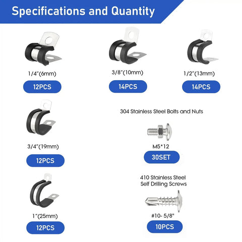 134 Piece Cable Clamps Assortment Kit With 304 Stainless Steel Rubber Cushioned P Clamps And Screws product details