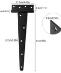 Diagram of Six Pack 12 Inch T Strap Shed Hinge Set in black heavy duty iron, showing dimensions for barn gates and outdoor use, rust resistant.