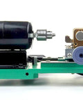 Real Deal Precision Pearl Drilling Machine With Two Hundred Watt Pedal Motor And Adjustable Depth Guide for jewelry making, side view of motor and drill.