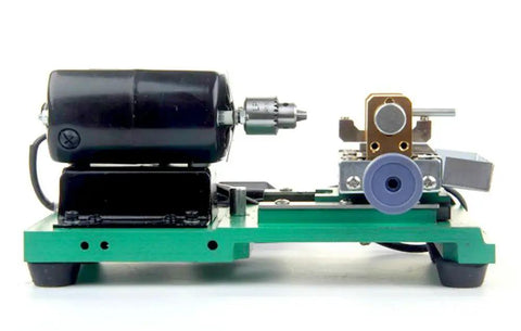 Real Deal Precision Pearl Drilling Machine With Two Hundred Watt Pedal Motor And Adjustable Depth Guide for jewelry making, side view of motor and drill.