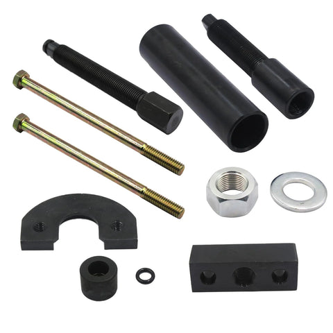 Front view of Harley mainshaft bearing inner installer and puller tool kit with bolts, sleeves, nut, and washers.