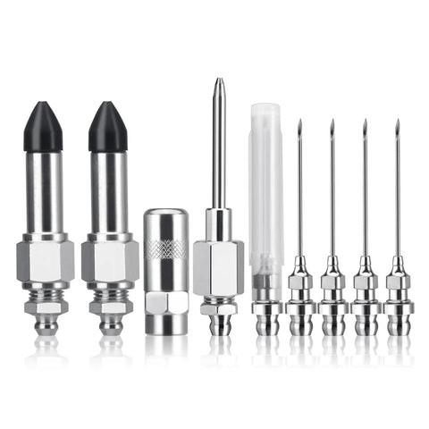 Pro Grade Grease Needle Attachment Set With Leakproof Double Connection Design For Handheld Lubrication, 9-piece kit displayed