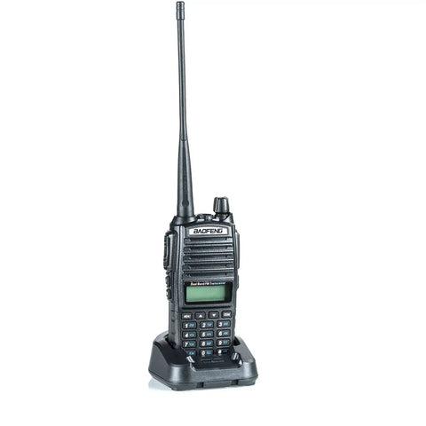 UV 82HP Beefy High Power Dual Band Radio With 136 174 MHz VHF And 400 520 MHz UHF on charging dock
