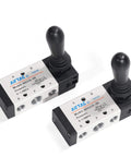 Two hand lever pneumatic valves with quarter inch port, five three way closed center, direct acting aluminum body for pneumatics.