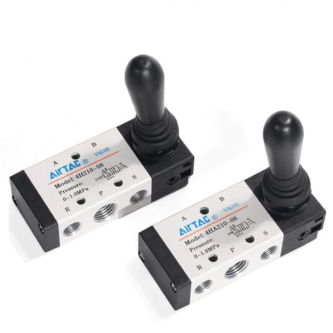 Two hand lever pneumatic valves with quarter inch port, five three way closed center, direct acting aluminum body for pneumatics.