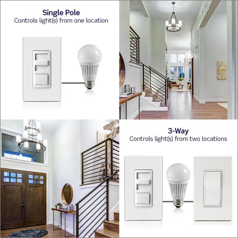 Comparison of single pole and 3-way IllumaTech Dimmer Switch for Dimmable LED, Halogen and Incandescent Bulbs IPL06-10Z setups.
