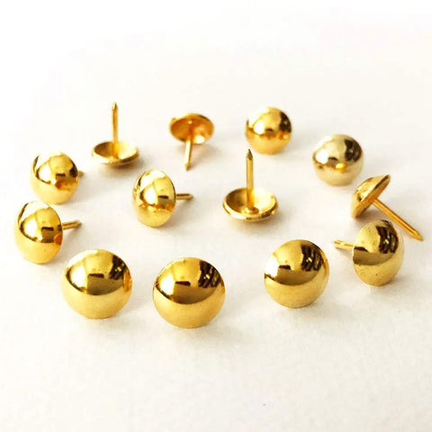 Snag Fifty Top Shelf Golden Upholstery Tacks For Sofa Headboard Wood Furniture Decoration Sleek Gold Hardware Studs Easy No Hassle Diy Craft Install Slick Modern Vibe, 11mm round gold metal studs.