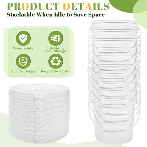 10 Pack 1.4 Quart White Plastic Storage Buckets With Airtight Lids And Built In Handles, stackable design, recyclable material.