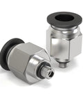 Push To Connect Pneumatic Fitting, Male Straight 4mm Tube OD To M5 Thread, copper and plastic construction, two pieces displayed