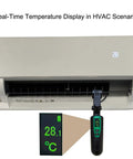 Clamp On Pipe Thermometer For HVAC Diagnostics Pro Grade With Backlit Digital Display And Crazy Accurate ±0.3C Wide Range -50C To 150C (-58F To 302F) Non Invasive Temperature Meter Great For AC And Refrigeration Systems measuring AC unit temperature with close-up detail.