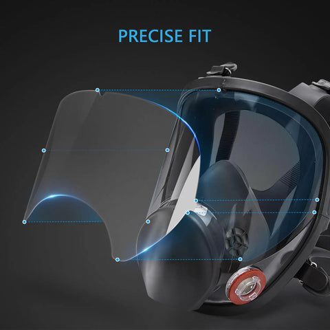 Overlay of peel-off lens cover on full-face respirator mask, showing precise fit for 30 Pack Peel Off Lens Covers For 6885 6000 6700 6800 6900 Series Full Face Respirator Faceshield Protectors With Easy Peel Tabs And Strong Adhesive For Quick Clean Lens Replacements