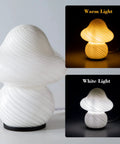 Desert Swirl Mushroom Lamp With Stepless Dimmable Glass Shade, Warm White LED Bulb Included in warm and white light settings.