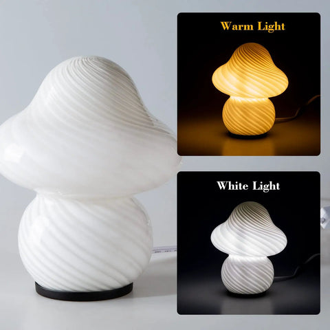 Desert Swirl Mushroom Lamp With Stepless Dimmable Glass Shade, Warm White LED Bulb Included in warm and white light settings.
