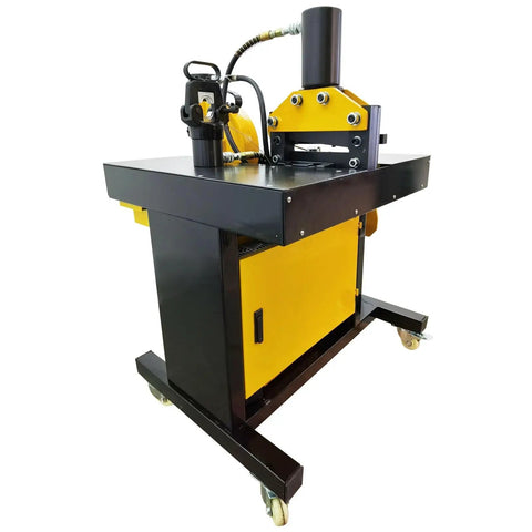 Beilockery Electric Hydraulic Busbar Processor Machine, robust black and yellow unit with wheels for copper aluminum tasks.