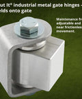 Hella Slick Opening Heavy Weld On Gate Hinge With Aluminum Body For Commercial Fences showing sealed bearing and mount bolts.