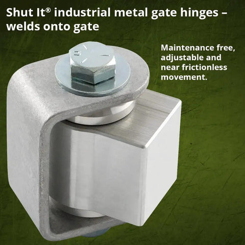 Hella Slick Opening Heavy Weld On Gate Hinge With Aluminum Body For Commercial Fences showing sealed bearing and mount bolts.