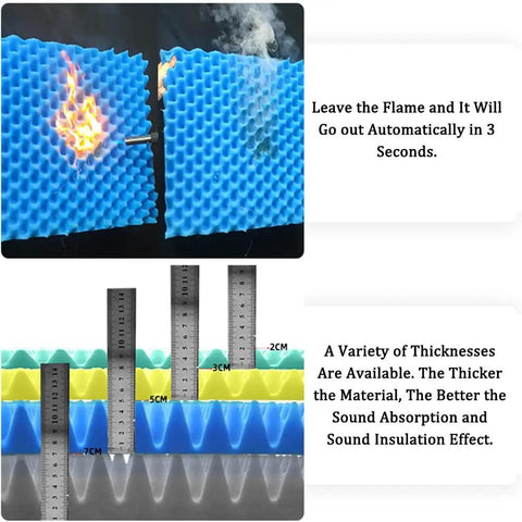 Premium Peel And Stick Acoustic Foam Panels with fire test and thickness measurements for soundproofing and noise dampening.