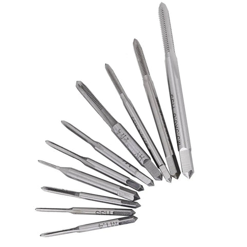 10 Piece Metric Tap Set for Clock and Watch Making, Hand Taps M1 to M3.5, visible various sizes, metal threading bits