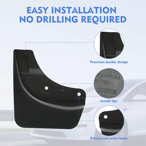 Tesla Model Y Mud Flaps 4Pcs Set No Drill Tire Splash Guards for 2020-2024, detailed view of precision buckle design and screw holes