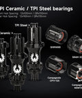 Close-up of TPI Ceramic and Steel bearings for 65mm Carbon Wheelset With Ceramic Bearings For Road Disc Brakes Ultralight Performance Aero Wheels.