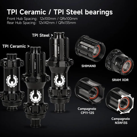 Close-up of TPI Ceramic and Steel bearings for 65mm Carbon Wheelset With Ceramic Bearings For Road Disc Brakes Ultralight Performance Aero Wheels.