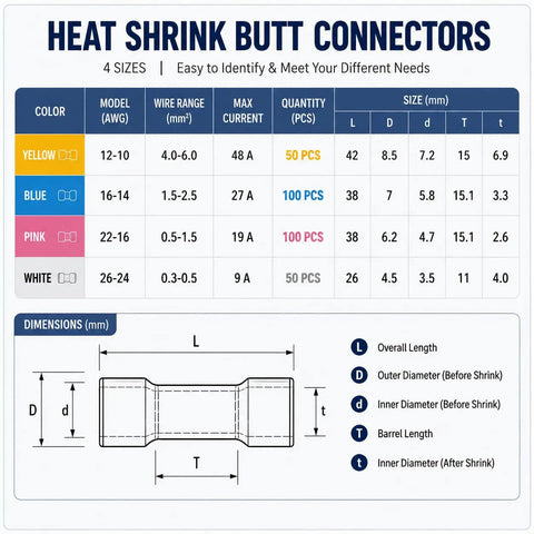 Heat Shrink Butt Connectors specifications chart with sizes, colors and dimensions for Heavy Duty Heat Shrink Butt Connectors Waterproof Marine Grade Wire Connector Kit No Sweat Dual Wall Sealed Crimp Terminals Road Ready For Autos And Boats 300 Piece Set.