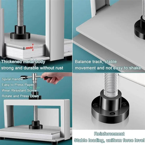 Game Changing Heavy Duty Steel Book Press Machine Built To Flatten Wrinkled A3 And A4 Sheets With Double Balance Rod and Serious Squeeze Workhorse showing sturdy metal body and spiral handle.