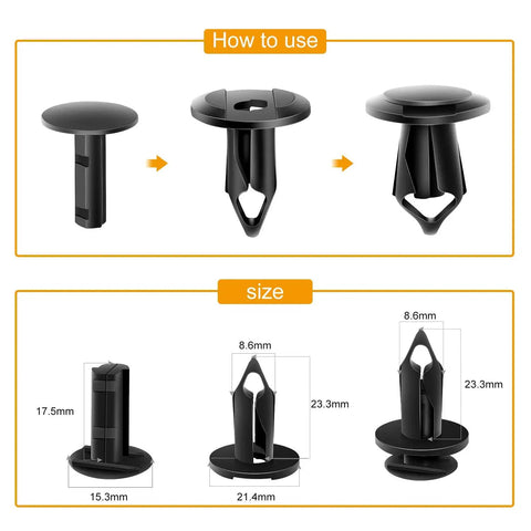 Solid Nylon Bumper Fastener Clips 100 Piece Set Replaces GM And Ford Rivets Comes With Free Remover Tool sizes and usage instructions.