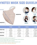 Synotex mask size chart with images of XSmall to Large sizes, part of Made In Korea 50 Pack Face Masks With 5 Layer Filtration, Over 94 Percent Filter Efficiency, Medium White Dust Mask, Individually Packed, FDA Registered, Comfy Fit For Everyday Use.